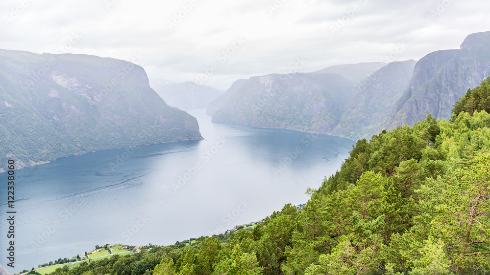 View of the Aurlandsfjord landscape from Stegastein viewpoint, N