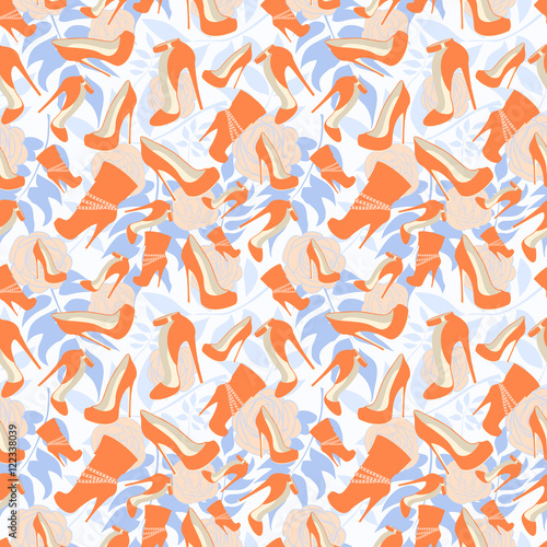 Seamless pattern of the shoes on the background of delicate rose