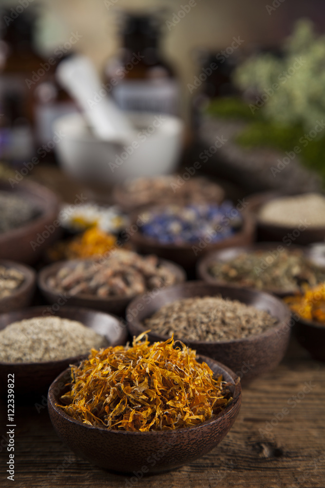 Natural medicine on wooden table background Natural medicine on wooden table background