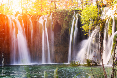 Colorful autumn and waterfall in the Plitvice Lakes National Par