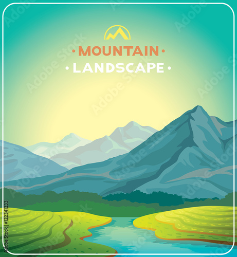 Summer landscape with plantations, river and mountains.