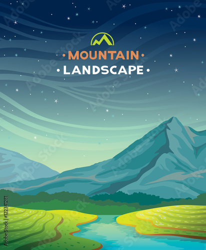 Mountain landscape with green plantation and river.