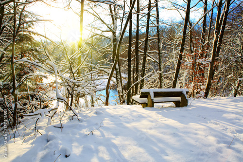 Bench in the winter park and sunshine.