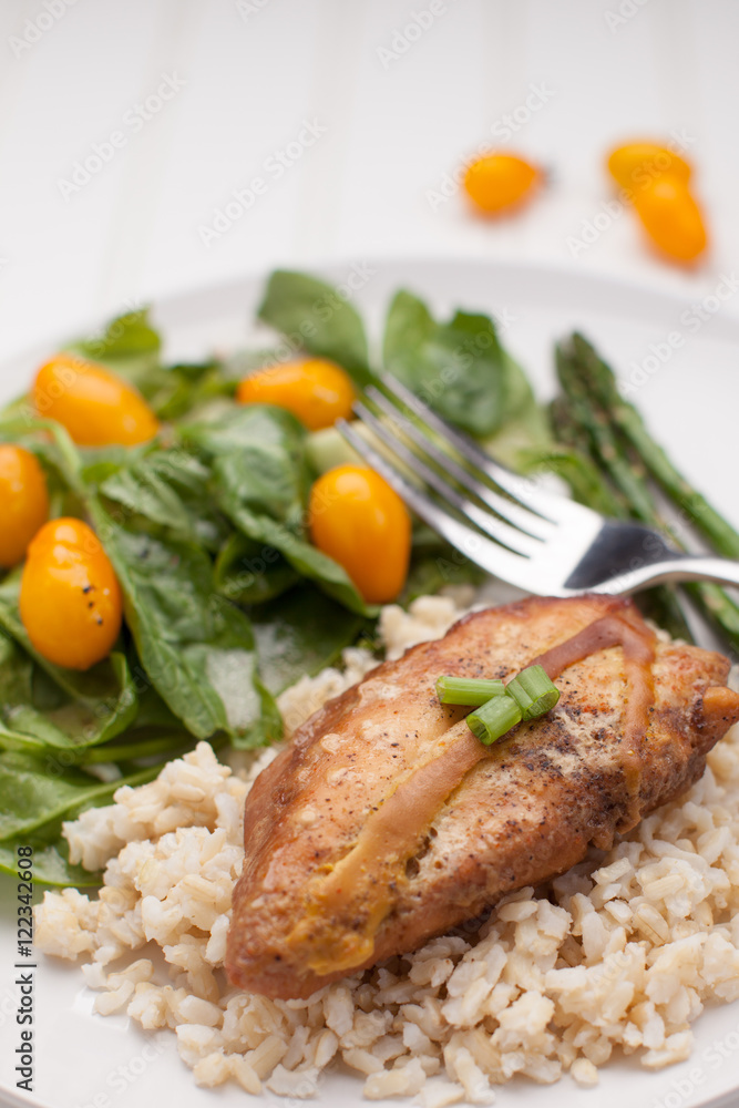 Dinner plate of lemon pepper mustard chicken with brown rice, Italian garden salad, and asparagus cooked in avocado oil on white vertical view Dinner plate of lemon pepper mustard chicken with brown rice, Italian garden salad, and asparagus cooked in avocado oil on white vertical view