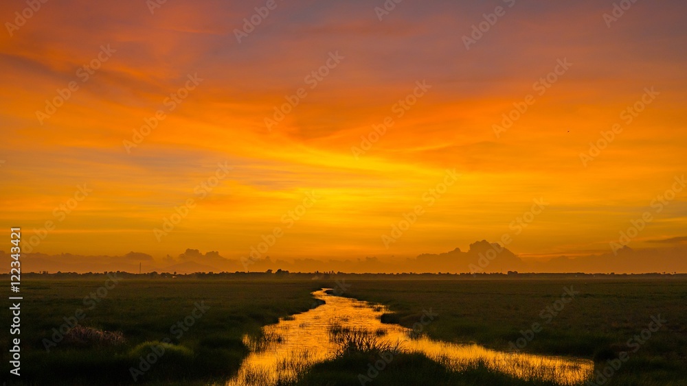Sunset at nature wetland