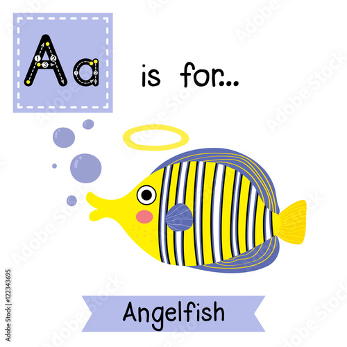 A letter tracing. Angelfish. Cute children zoo alphabet flash card. Funny cartoon animal. Kids abc education. Learning English vocabulary. Vector illustration.