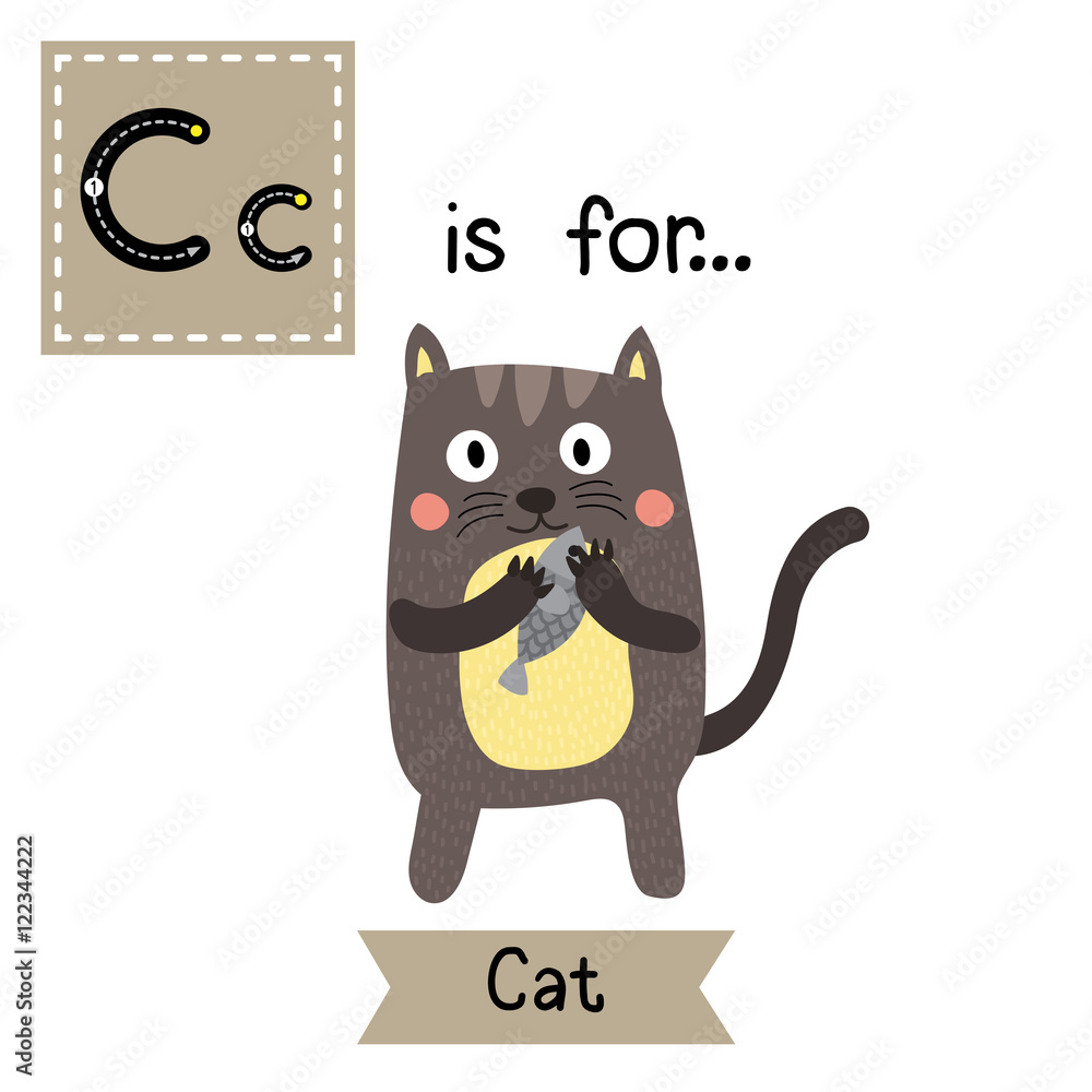 C letter tracing. Standing Cat holding fish. Cute children zoo alphabet flash  card. Funny cartoon animal. Kids abc education. Learning English  vocabulary. Vector illustration. Stock Vector | Adobe Stock