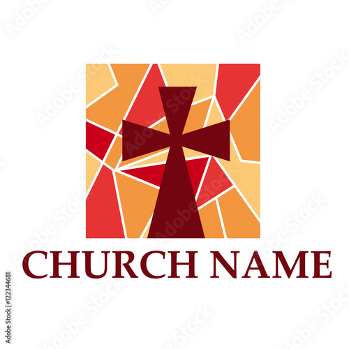 Vector sign cross on a stained glass window with mosaic
