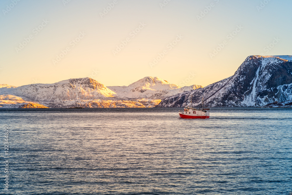 Norwegian Snow Mountains with Fjord close to Tromso