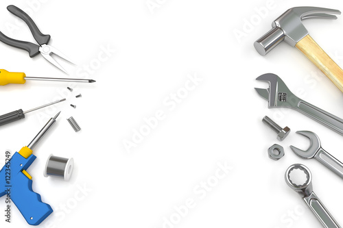 Set of tools on white background, Tools background. 3D illustration