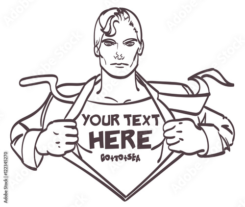 Super hero nice drawing male businessman pop art retro vector illustration with place for signature. Eps 10 on layers for you comfort