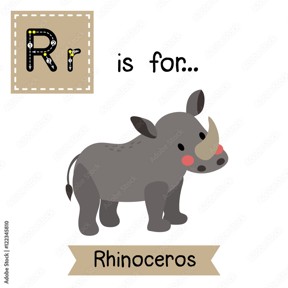 R letter tracing. Standing Rhinoceros. Cute children zoo alphabet flash  card. Funny cartoon animal. Kids abc education. Learning English  vocabulary. Vector illustration. Stock Vector | Adobe Stock