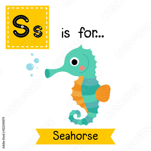 S letter tracing. Cute Seahorse. Cute children zoo alphabet flash card. Funny cartoon animal. Kids abc education. Learning English vocabulary. Vector illustration.