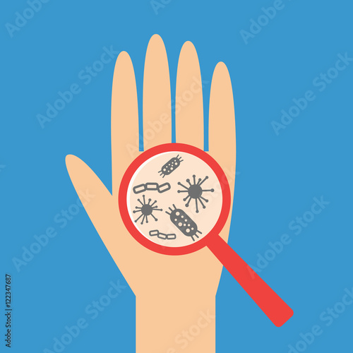Microbes on unwashed hands visible through a magnifying glass
