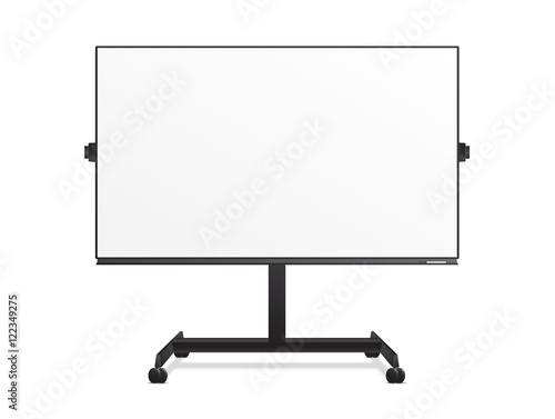 Empty white Presentation board on the floor stand with wheels. Empty Projection screen, canvas