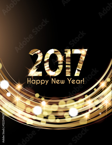 Happy New Year 2017 card, Golden lights background