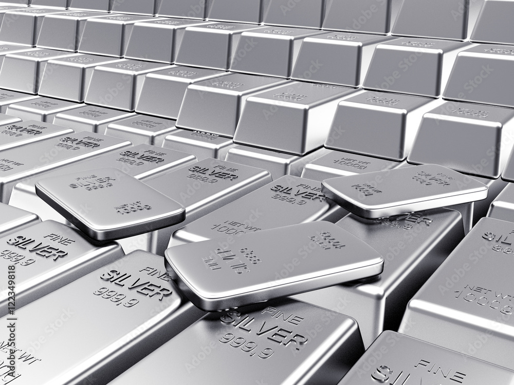 Rows of ingots and flat silver bars. Business and financial background ...