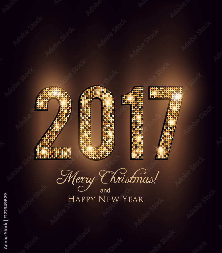 Happy New Year 2017 card, Golden lights background Happy New Year 2017 card, Golden lights background