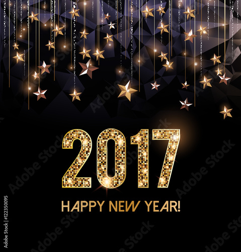 Happy New Year 2017 card, Golden stars in the background