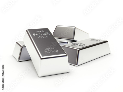 Banking concept. Heap of silver bars isolated on a white background. 3D illustration.