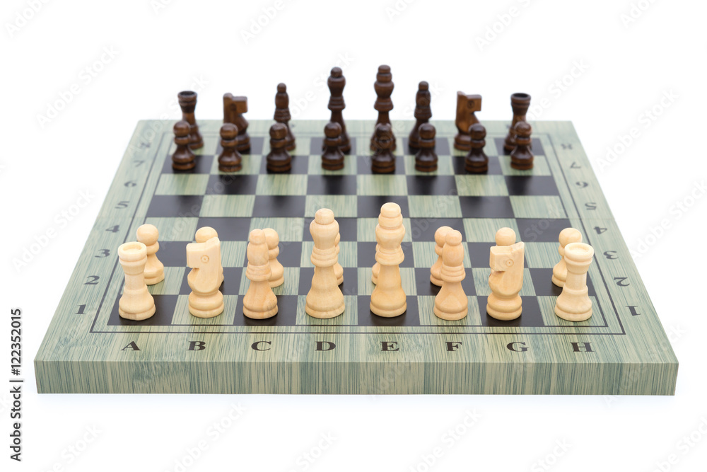 chess board with chess pieces on white with the white ones in front chess board with chess pieces on white with the white ones in front