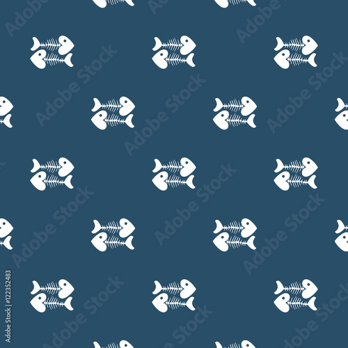 Seamless pattern of fish skeleton with head-heart