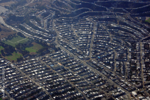 Photography Aerial View Soccer, Baseball field and surrounding neighborhood
