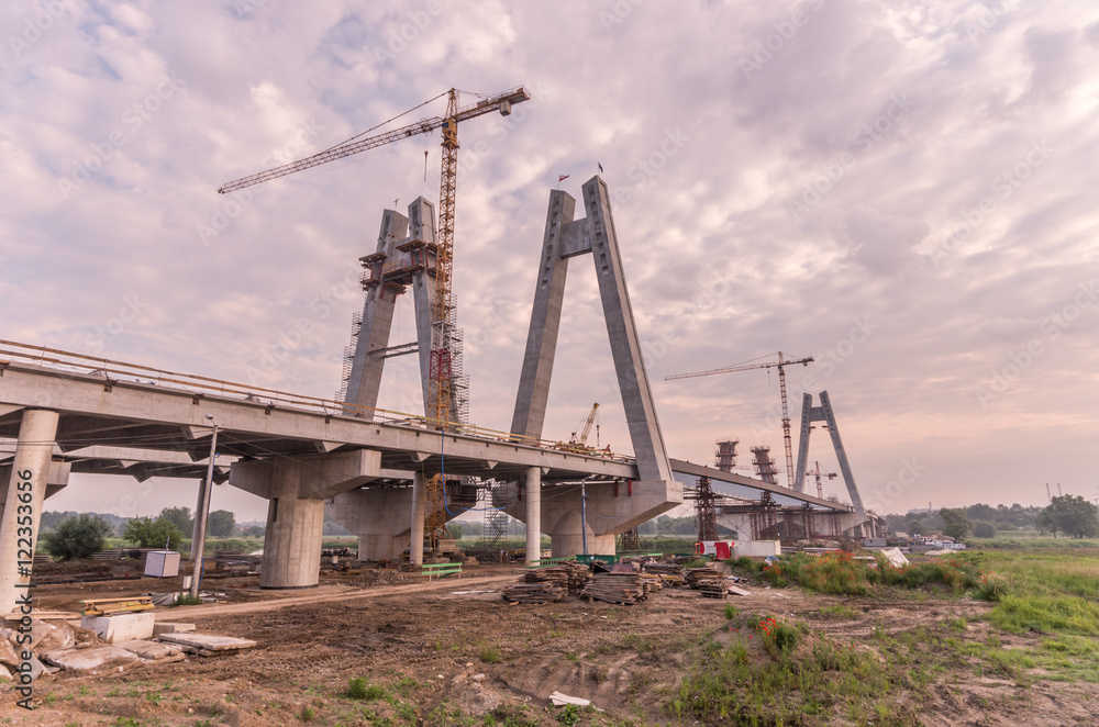 Cable stayed bridge under construction in the morning