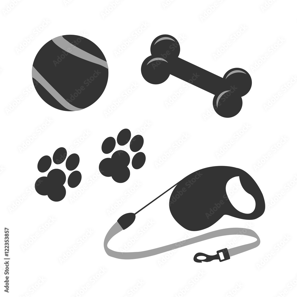 Dog supplies symbol sign isolated vector set ball, bone, footstep, lead Dog supplies symbol sign isolated vector set ball, bone, footstep, lead