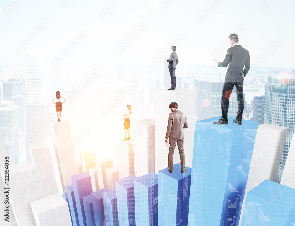 People on bar charts with graphs in city People on bar charts with graphs in city