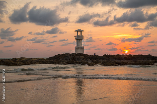 Seascape of Khao Lak with Lighthouse on beach in sunset at Phang Nga, Thailand