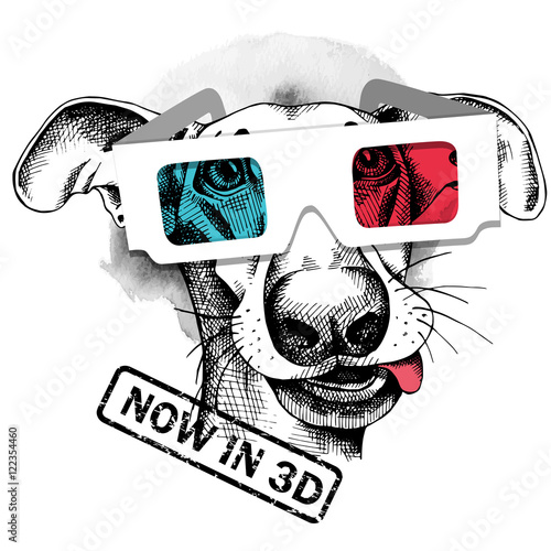 Dog portrait in a 3D glasses. Vector illustration.