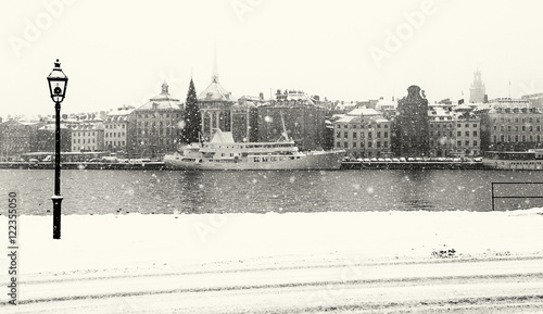 Photography Stockholm city on a snowy winter day. Black and white image.