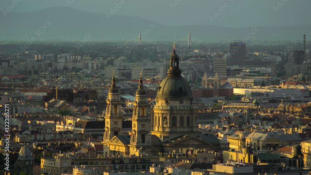 Aerial view of saint Istvan basilica at last sun rays at sunset in Budapest, Hungary
