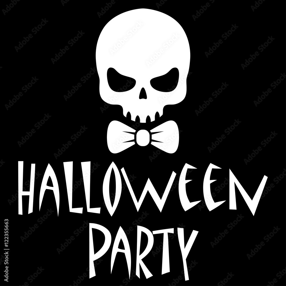 Icono plano texto HALLOWEEN PARTY con craneo con corbata lazo