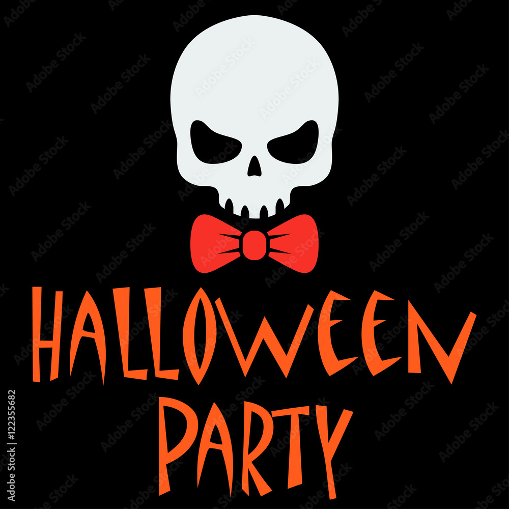 Icono plano texto HALLOWEEN PARTY con craneo con corbata lazo
