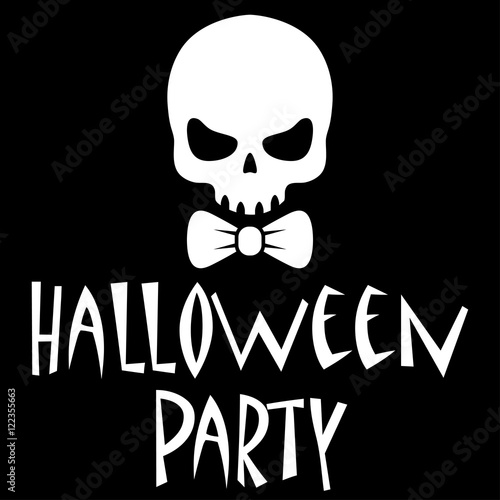 Icono plano texto HALLOWEEN PARTY con craneo con corbata lazo
