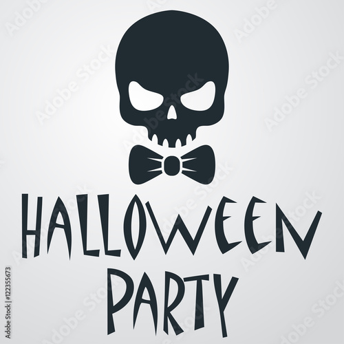 Icono plano texto HALLOWEEN PARTY con craneo con corbata lazo