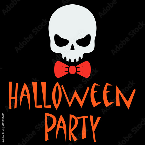 Icono plano texto HALLOWEEN PARTY con craneo con corbata lazo