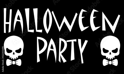 Icono plano texto HALLOWEEN PARTY con craneo con corbata lazo