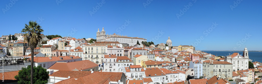 Lisbon, Portugal. Viewpoint Largo das Portas do Sol, a balcony opens onto the river offering truly spectacular views over Alfama. Lookout on the Monastery of Sao Vincente 
