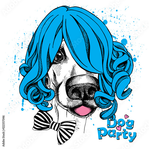 Funny dog in a blue female wig with bow. Vector illustration.