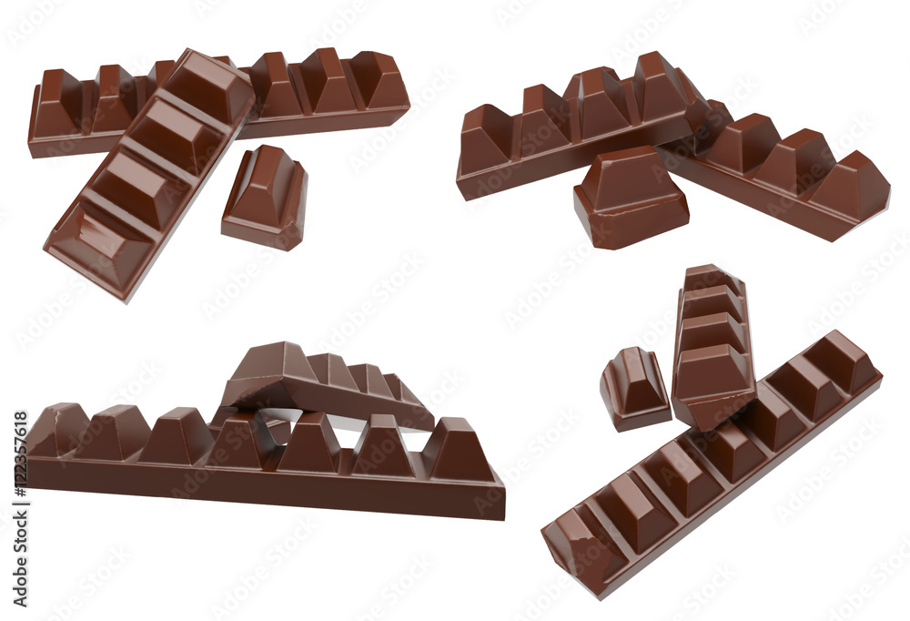 Broken chocolate bar isolated on white background. 3D rendering Broken chocolate bar isolated on white background. 3D rendering