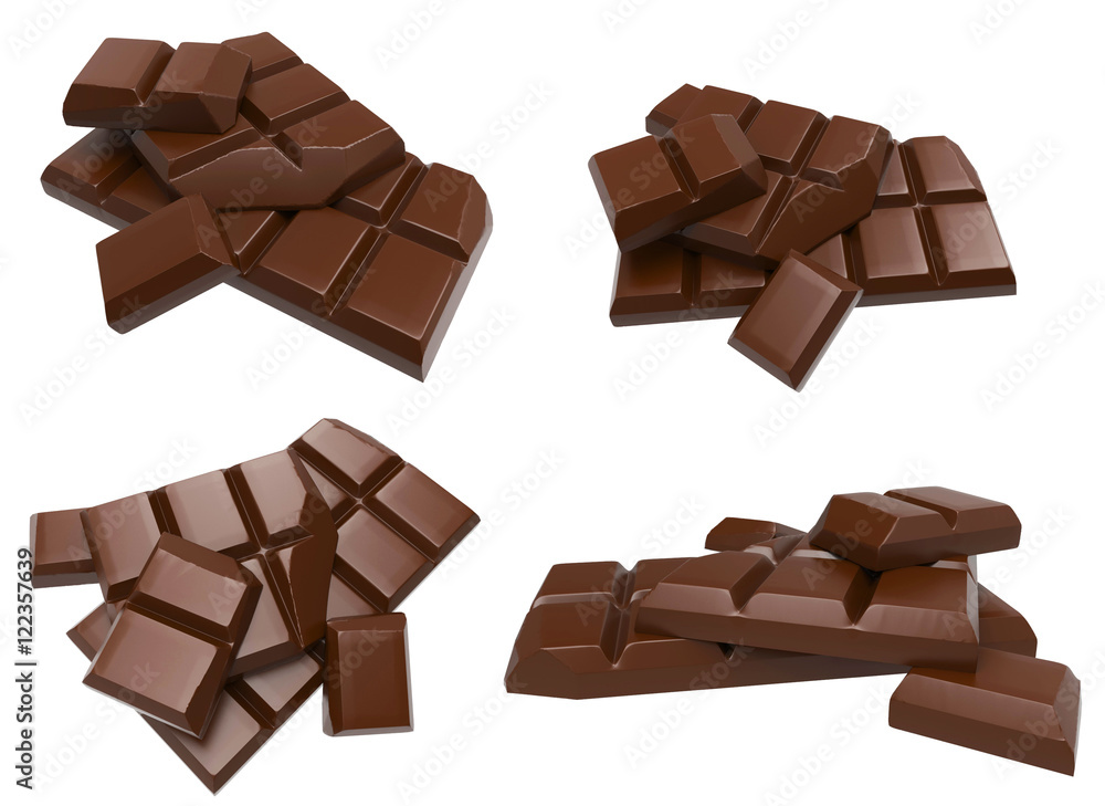 Broken chocolate bar isolated on white background. 3D rendering