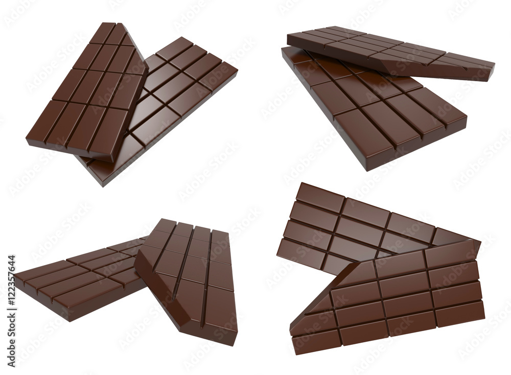 Broken chocolate bar isolated on white background. 3D rendering Broken chocolate bar isolated on white background. 3D rendering