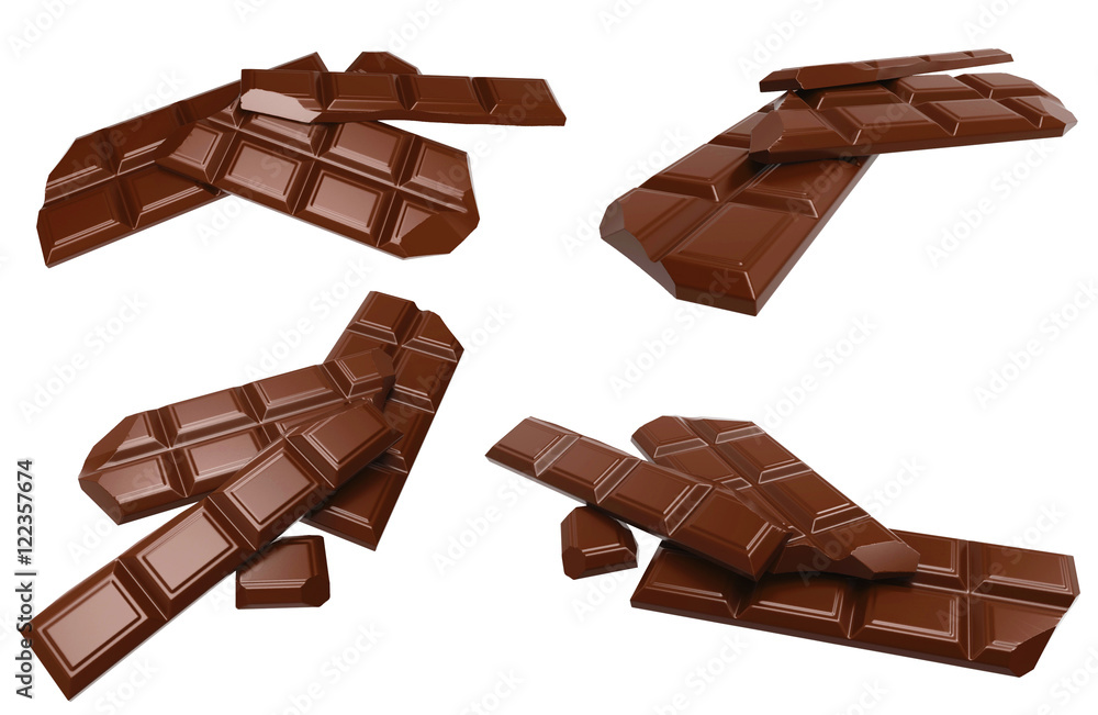 Broken chocolate bar isolated on white background. 3D rendering Broken chocolate bar isolated on white background. 3D rendering