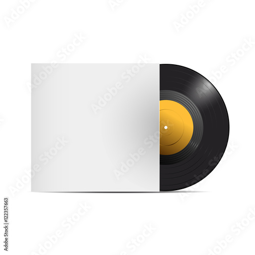 Vinyl gramophone Record with Cover on white background. Realistic design. Vector illustration.