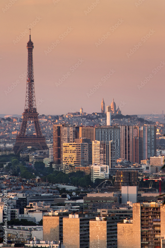 Paris cityscape with tour eiffel and montmartre view from far su