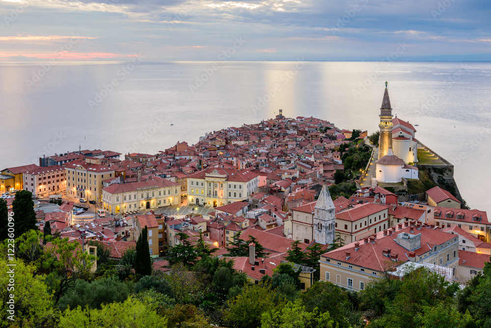 Panoramic view of Adriatic sea and city of Piran in Istria, Slovenia.