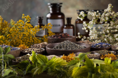 Herbal medicine on wooden desk background